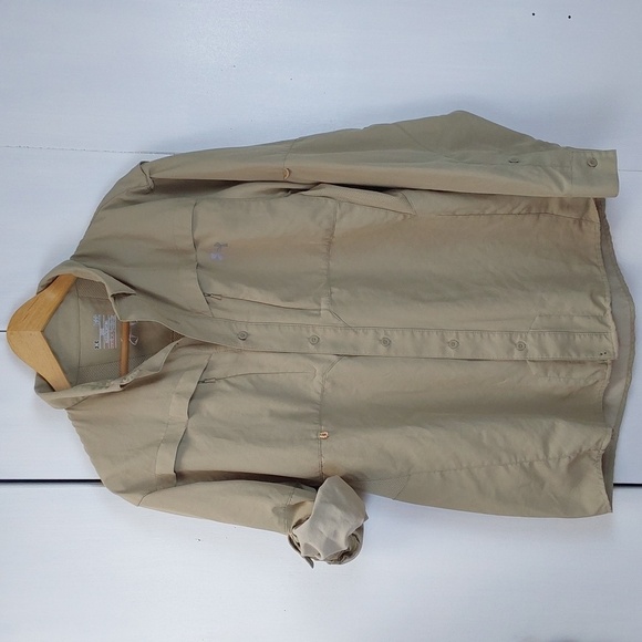 Under Armour Tan HeatGear Vented Zip Pockets Performance Shirt Hiking Sz.L - Picture 1 of 9